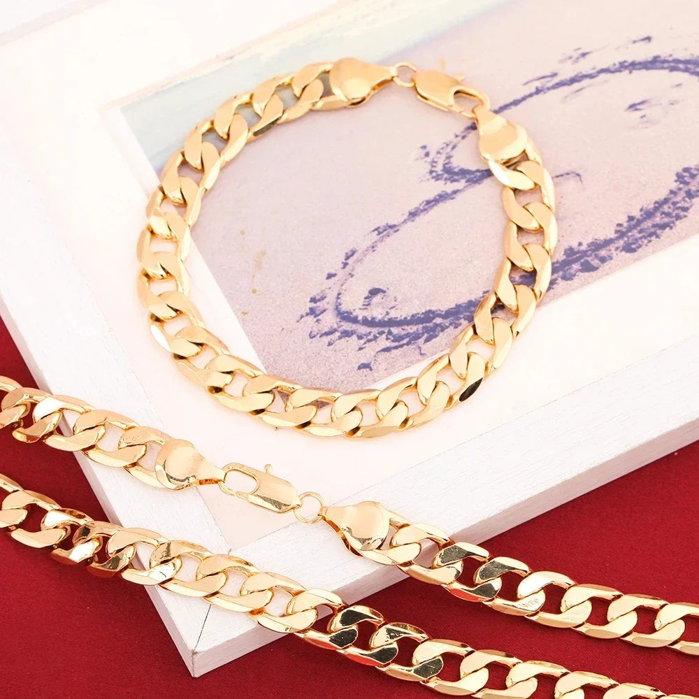 New 925 Sterling Silver 18K Gold Color 6MM Chain Bracelet Neckalce for Women Men Wedding Jewelry Set  Valentine's Day Gifts