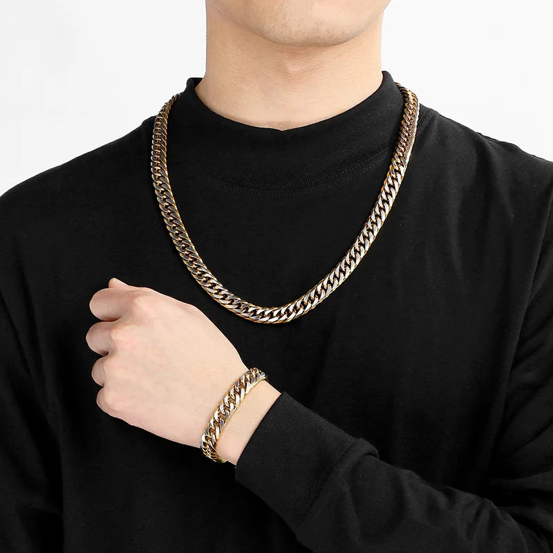 Hip Hop Stainless Steel Figaro Chain Bracelet Men‘s Creative Two Color Thick Cuban Chain Necklace Personalized Trend Jewelry