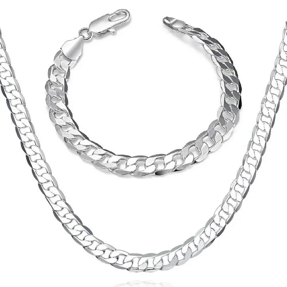 New 925 Sterling Silver 18K Gold Color 6MM Chain Bracelet Neckalce for Women Men Wedding Jewelry Set  Valentine's Day Gifts