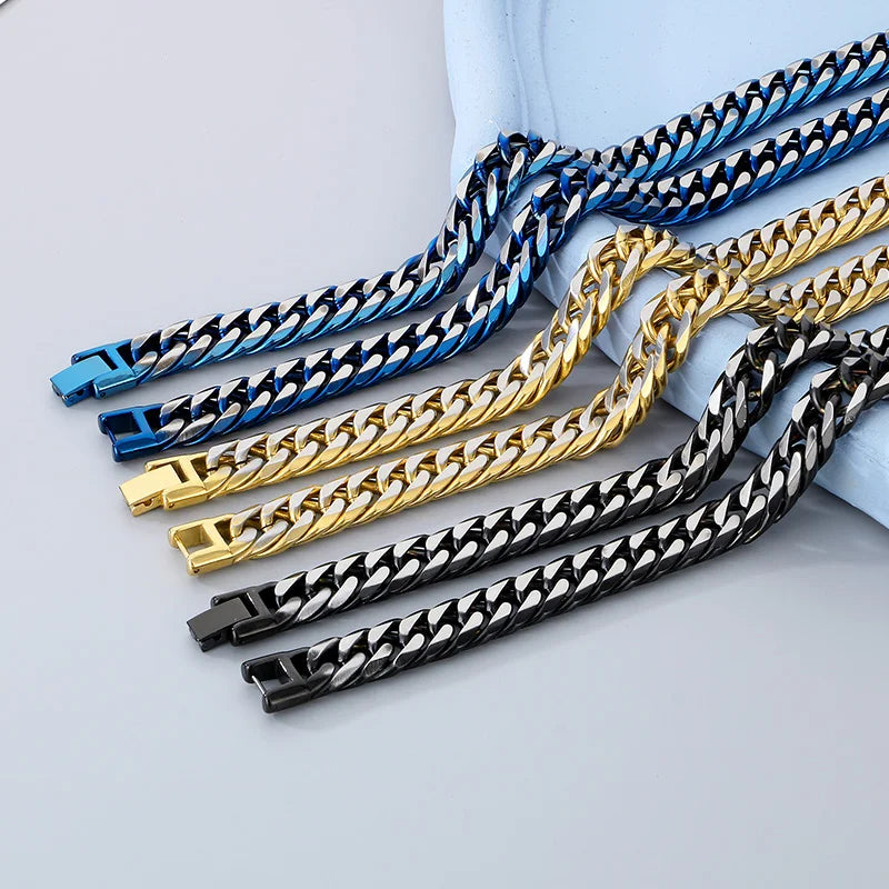 Hip Hop Stainless Steel Figaro Chain Bracelet Men‘s Creative Two Color Thick Cuban Chain Necklace Personalized Trend Jewelry