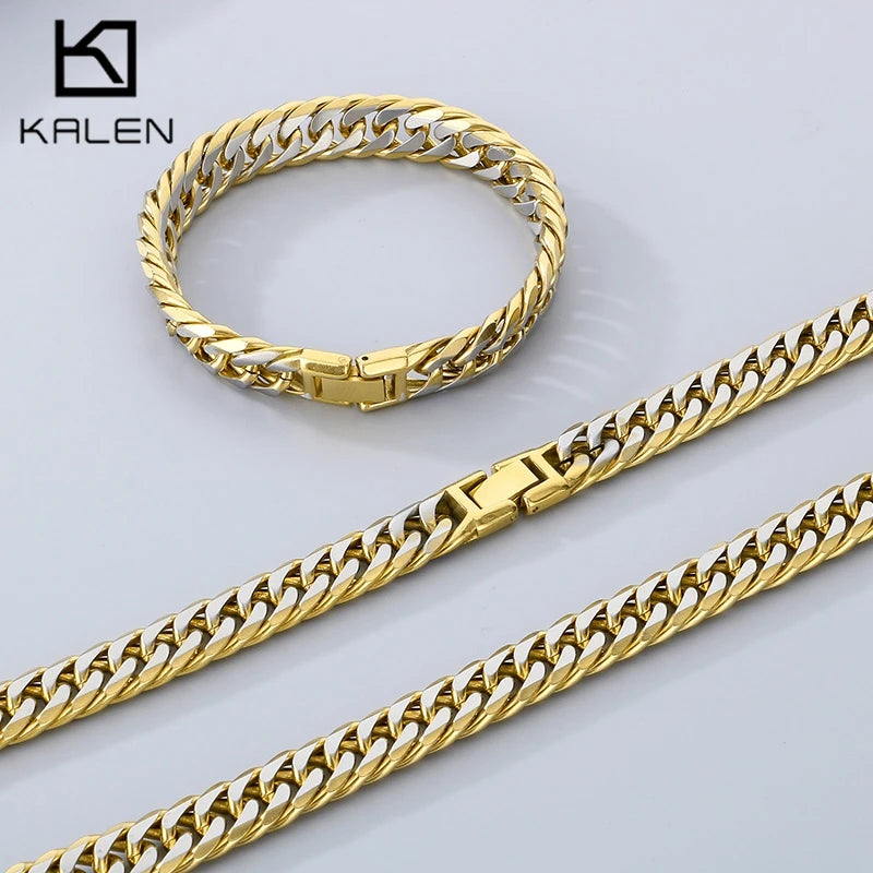Hip Hop Stainless Steel Figaro Chain Bracelet Men‘s Creative Two Color Thick Cuban Chain Necklace Personalized Trend Jewelry