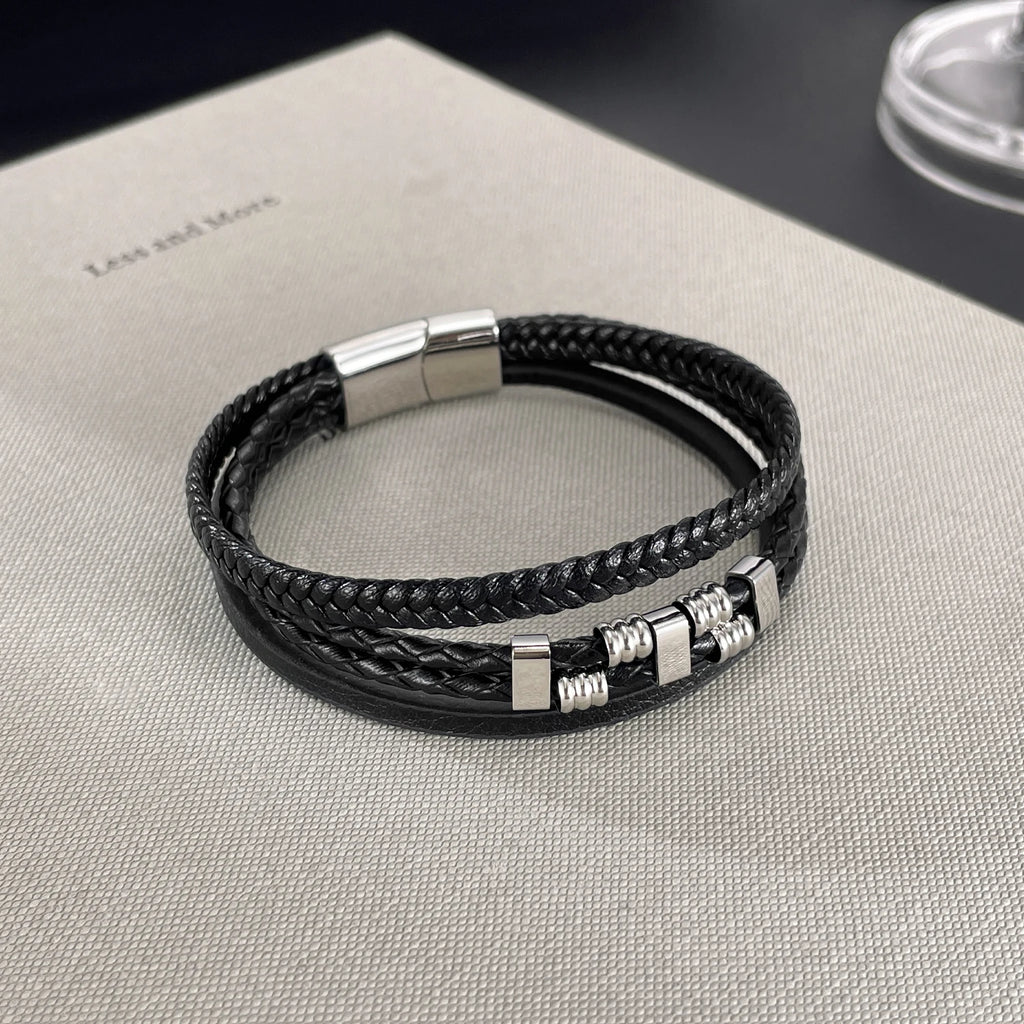 Men’s Vintage Braided Leather Bracelet – Multi-Layer Wristband with Stainless Steel, Casual Trendy Retro Style