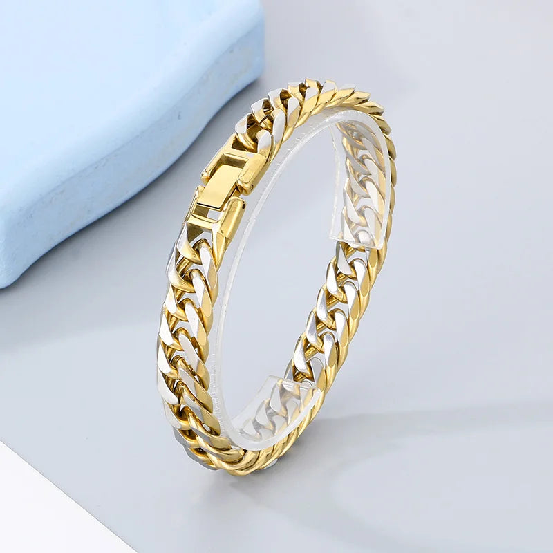 Hip Hop Stainless Steel Figaro Chain Bracelet Men‘s Creative Two Color Thick Cuban Chain Necklace Personalized Trend Jewelry