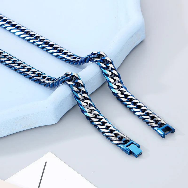 Hip Hop Stainless Steel Figaro Chain Bracelet Men‘s Creative Two Color Thick Cuban Chain Necklace Personalized Trend Jewelry