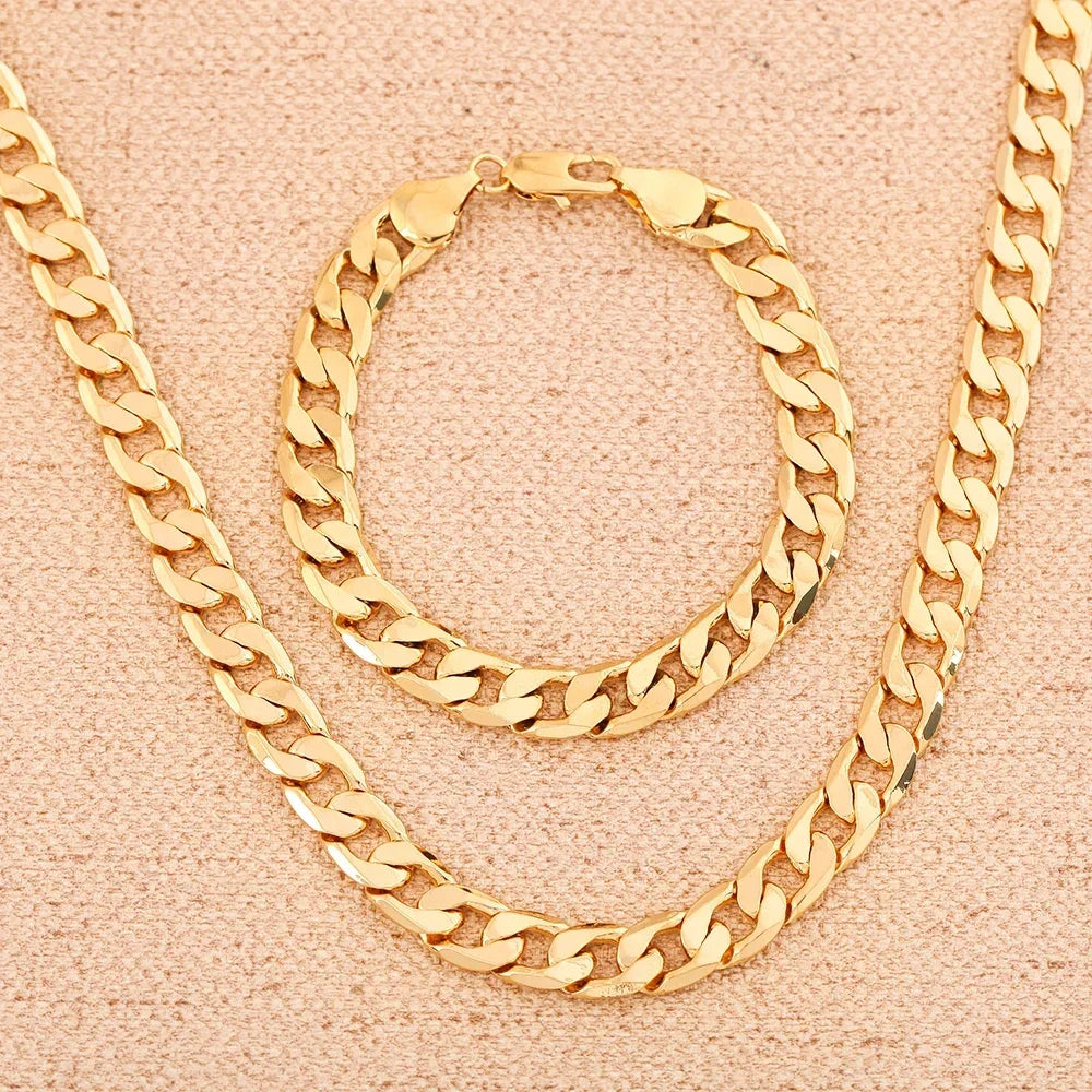 New 925 Sterling Silver 18K Gold Color 6MM Chain Bracelet Neckalce for Women Men Wedding Jewelry Set  Valentine's Day Gifts