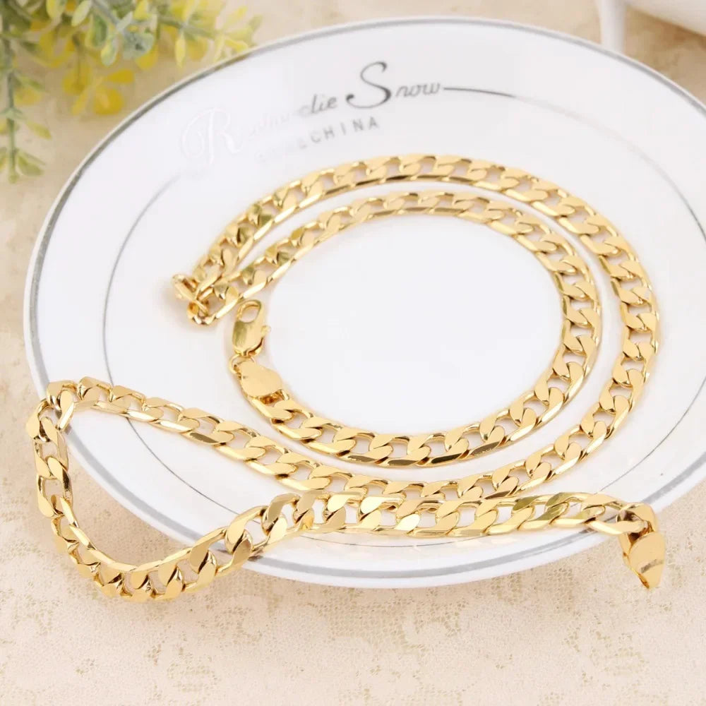 New 925 Sterling Silver 18K Gold Color 6MM Chain Bracelet Neckalce for Women Men Wedding Jewelry Set  Valentine's Day Gifts