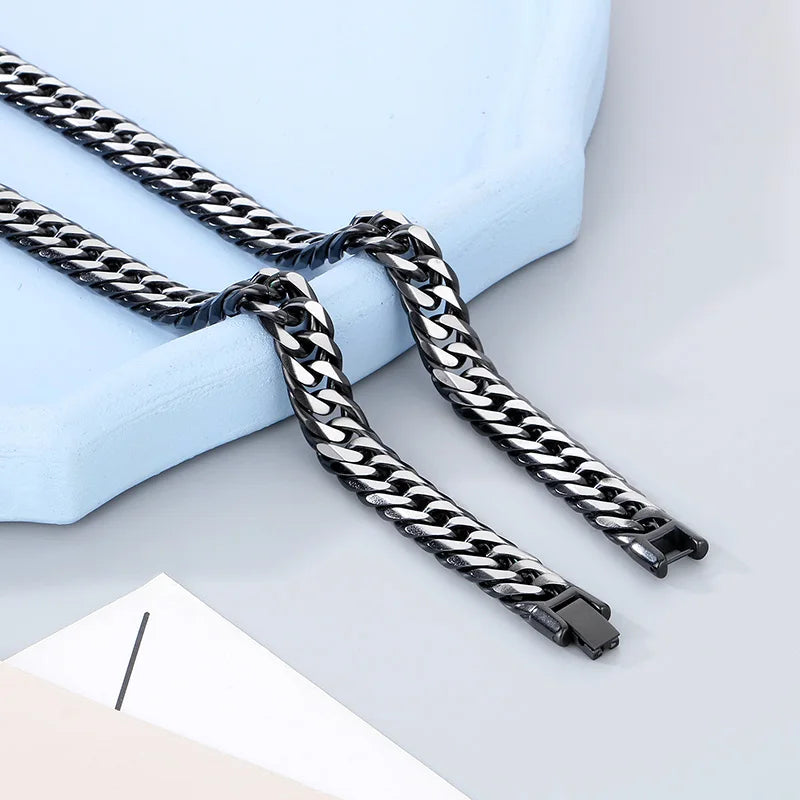 Hip Hop Stainless Steel Figaro Chain Bracelet Men‘s Creative Two Color Thick Cuban Chain Necklace Personalized Trend Jewelry