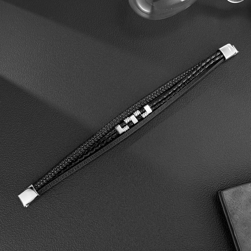 Men’s Vintage Braided Leather Bracelet – Multi-Layer Wristband with Stainless Steel, Casual Trendy Retro Style