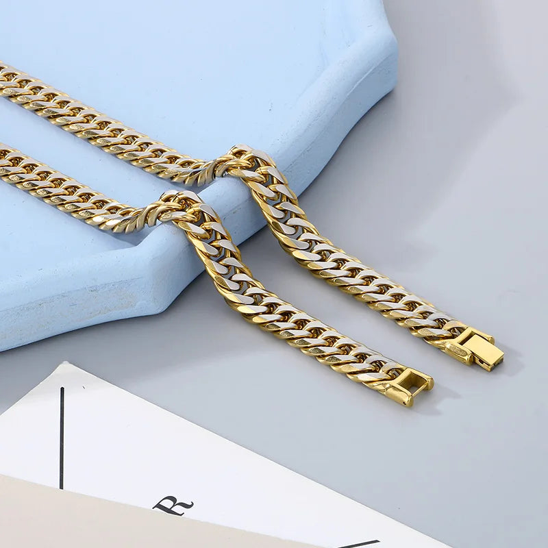 Hip Hop Stainless Steel Figaro Chain Bracelet Men‘s Creative Two Color Thick Cuban Chain Necklace Personalized Trend Jewelry